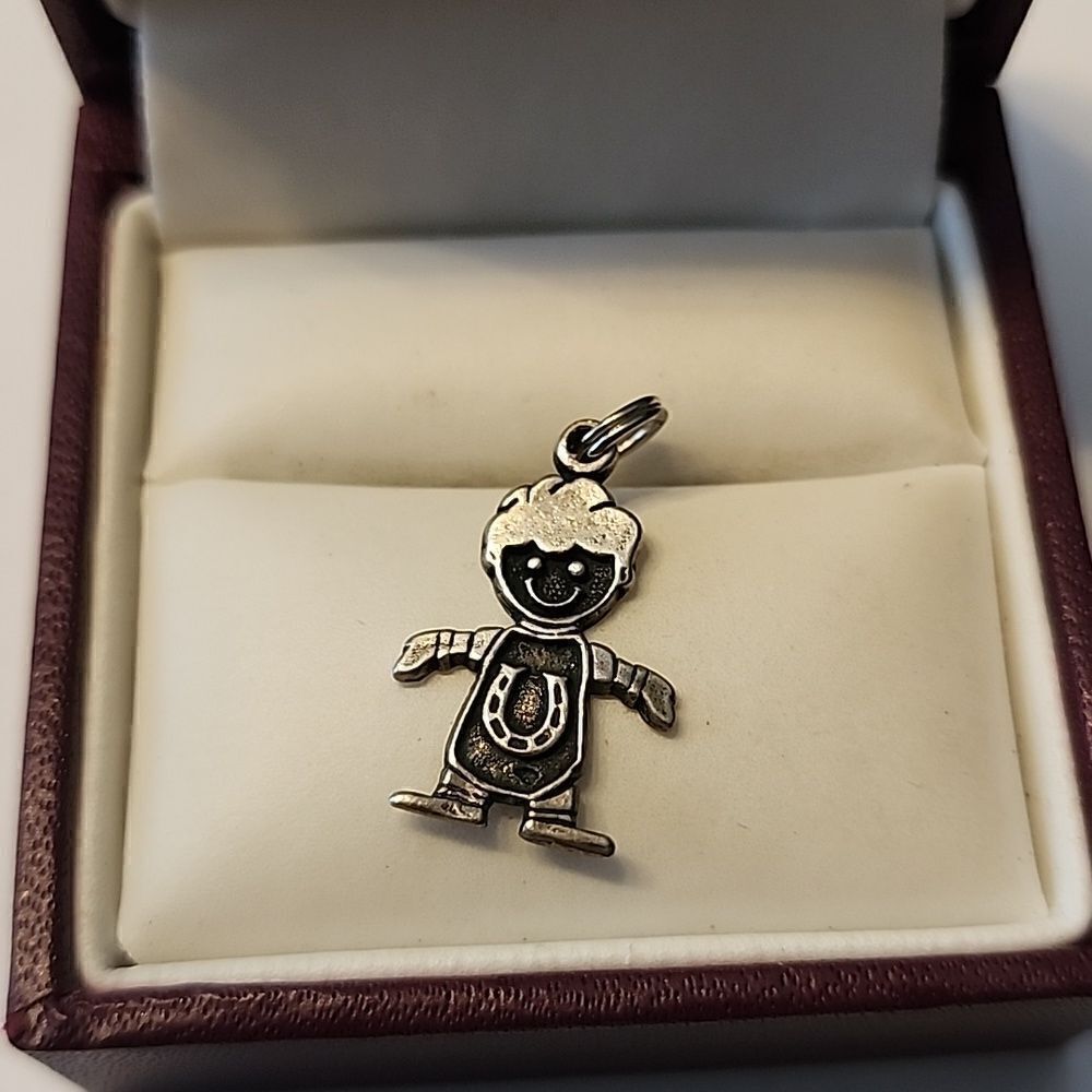 Sterling Silver .925 Oxidized Happy Baby Boy Charm Pendant Lucky Horseshoe